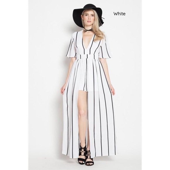 Other - MIYA B/W STRIPED SKORT ROMPER WITH MAXI OVERLAY
